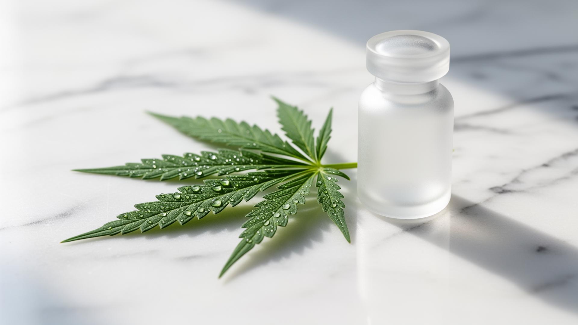 Cannabis leaf with dew beside a frosted apothecary vial on white marble